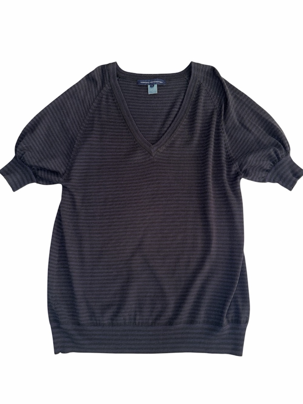French Connection Navy Striped V-Neck Sweater Wool Blend Short Sleeve Small